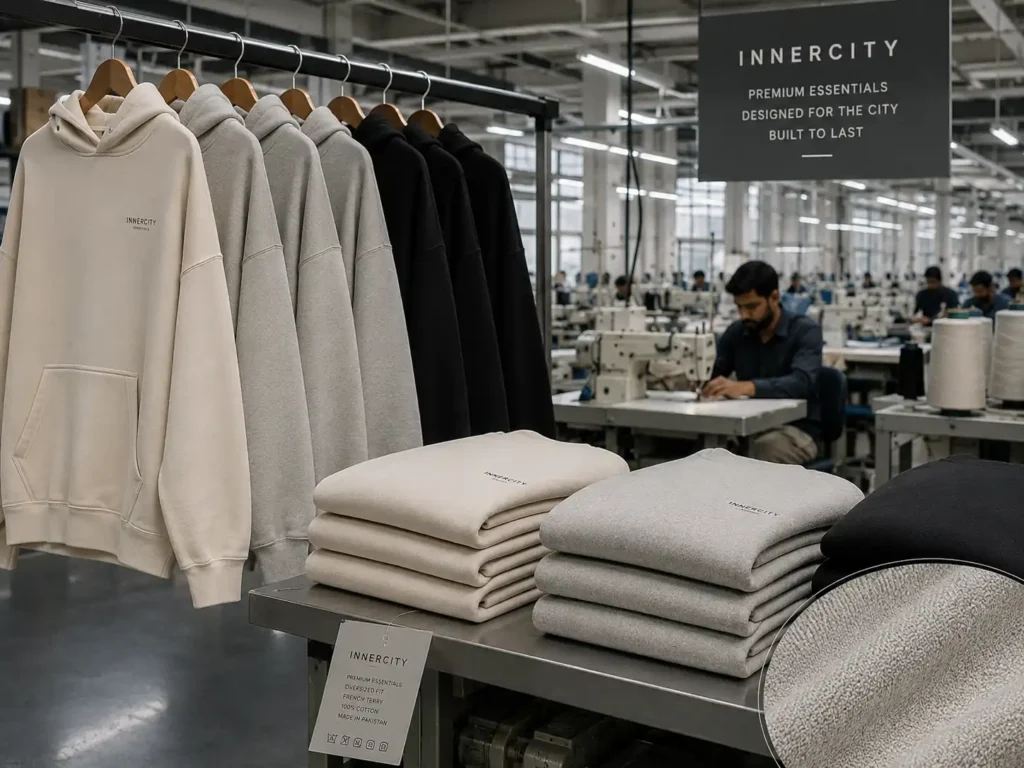 Premium oversized hoodies displayed inside a hoodie manufacturing unit with heavyweight French Terry fabric and private label production.