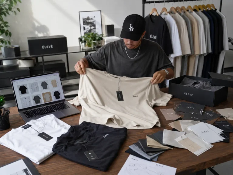 Private label clothing brand startup workspace with oversized t-shirt samples and branding materials