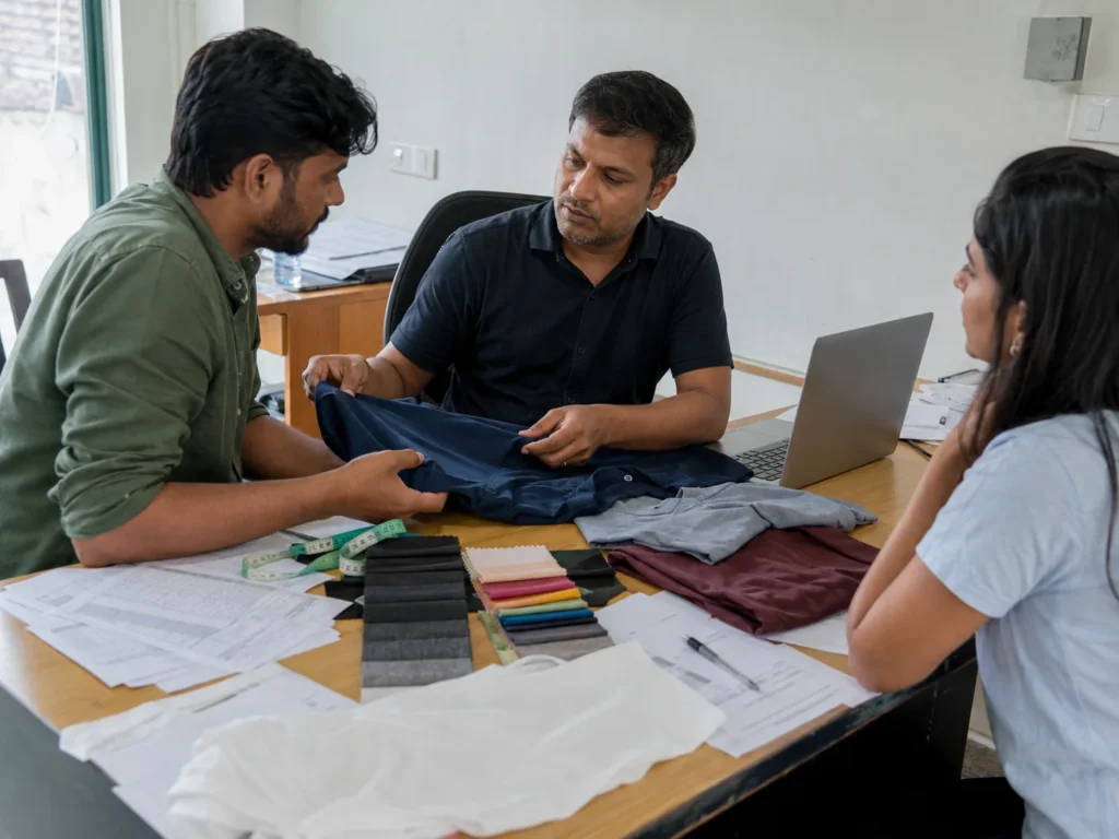 Garment sourcing team reviewing fabric swatches and T-shirt samples before production