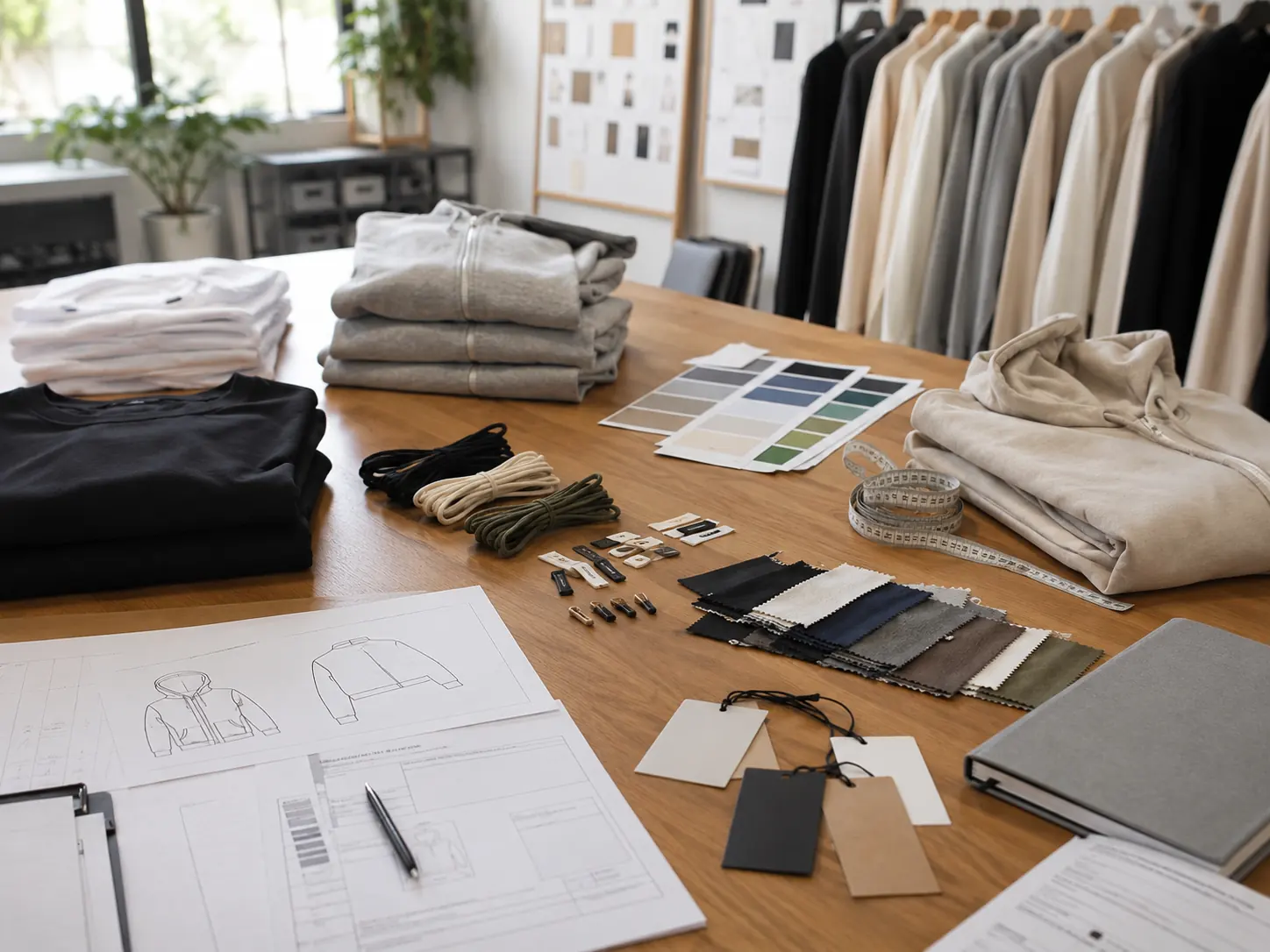 Garment sourcing workspace with finished apparel, fabric swatches, trims, labels, and tech pack documents