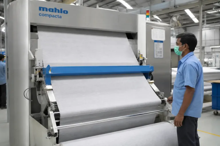 Knitted cotton fabric passing through a compacting machine inside an export garment manufacturing facility.