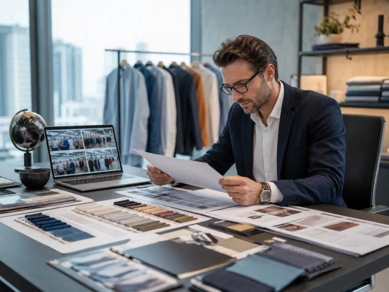 Overseas apparel buyer reviewing supplier details before paying an Indian garment supplier