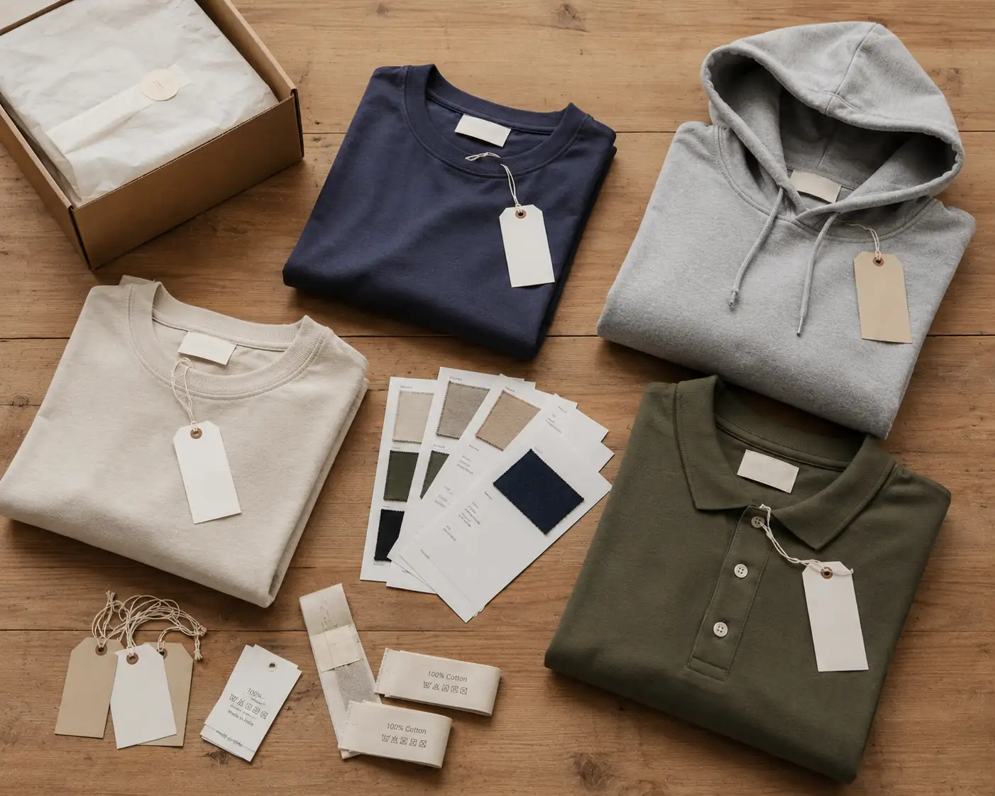 Europe 6 Professional apparel product development setup featuring T-shirts, polo shirts, hoodie, sweatshirt, fabric swatches, woven labels, hangtags and packaging samples.