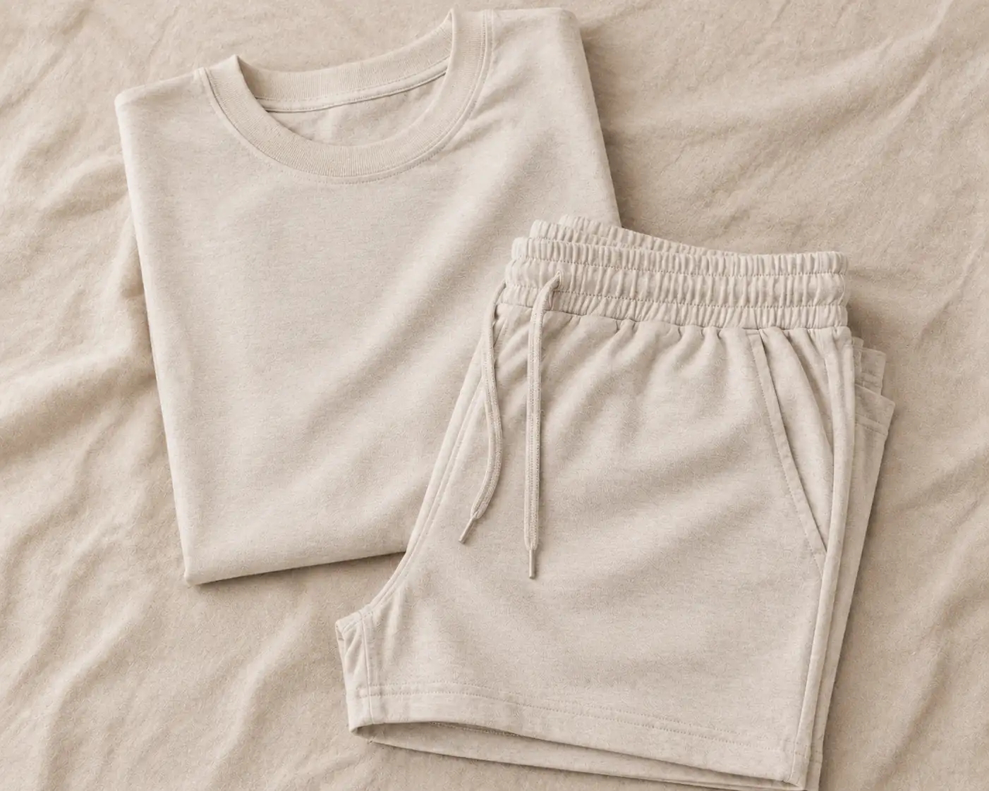 Europe 5 Premium cotton jersey loungewear set with folded T-shirt and shorts displayed on linen fabric showcasing export-quality apparel manufacturing.
