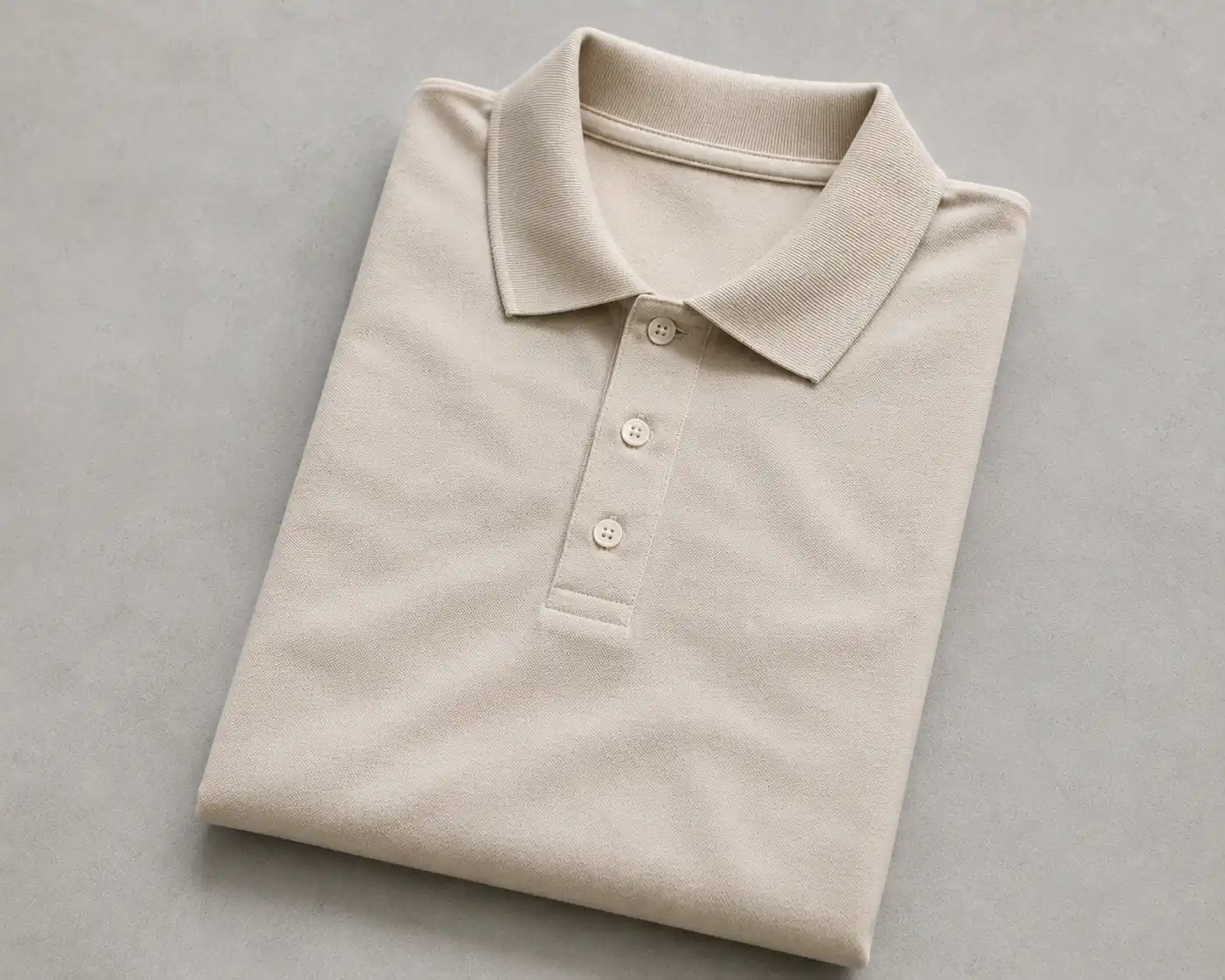 Europe 2 Premium cotton piqué polo shirt folded in a flat lay with ribbed collar, three-button placket and export-quality stitching details.