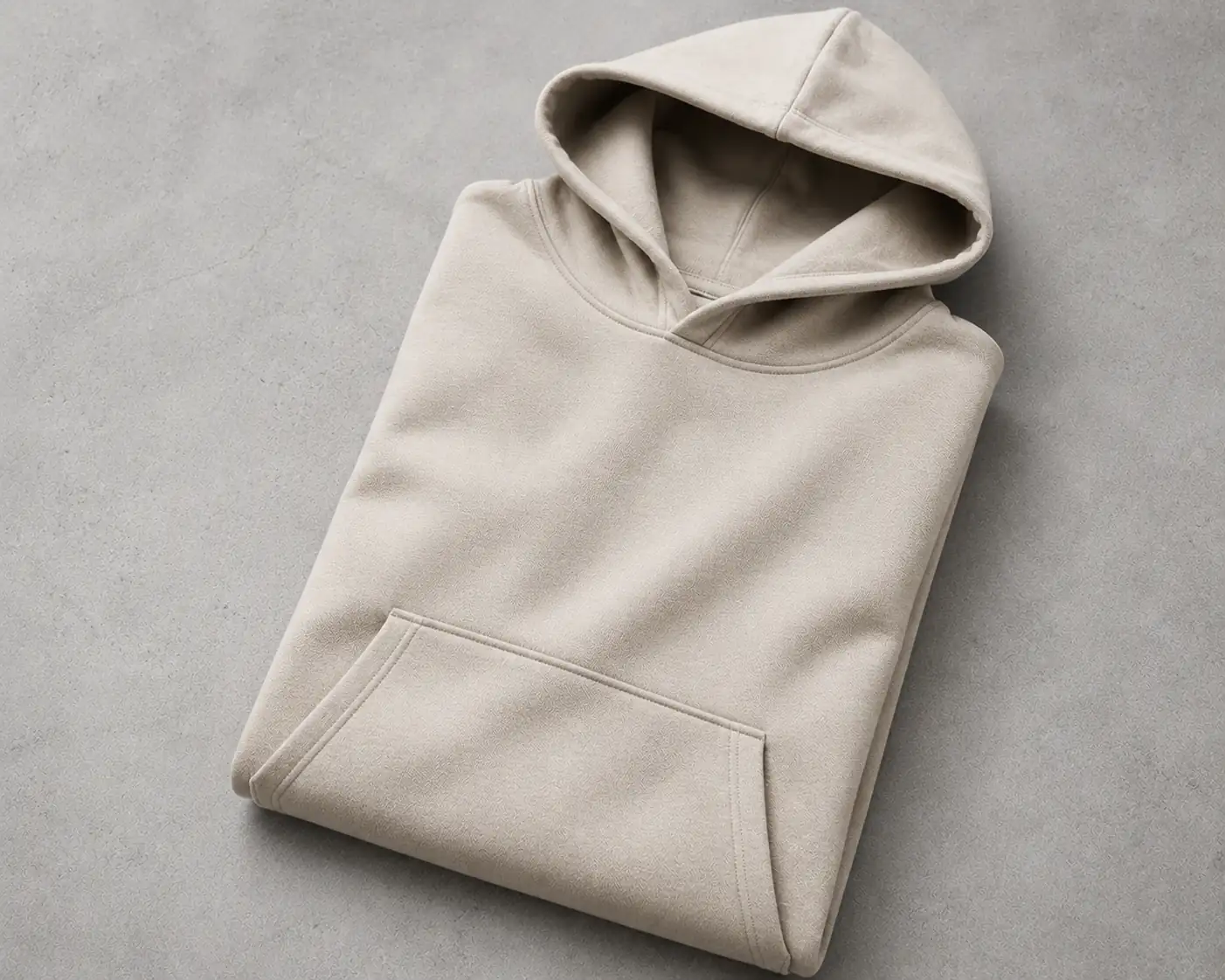 Europe 3 Heavyweight cotton fleece hoodie folded in a professional flat lay showing the hood, kangaroo pocket and premium garment construction.