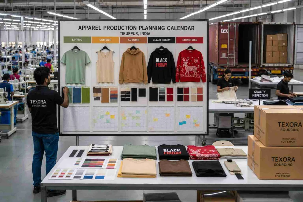 Apparel production calendar showing garment manufacturing planning from sampling to export shipment.