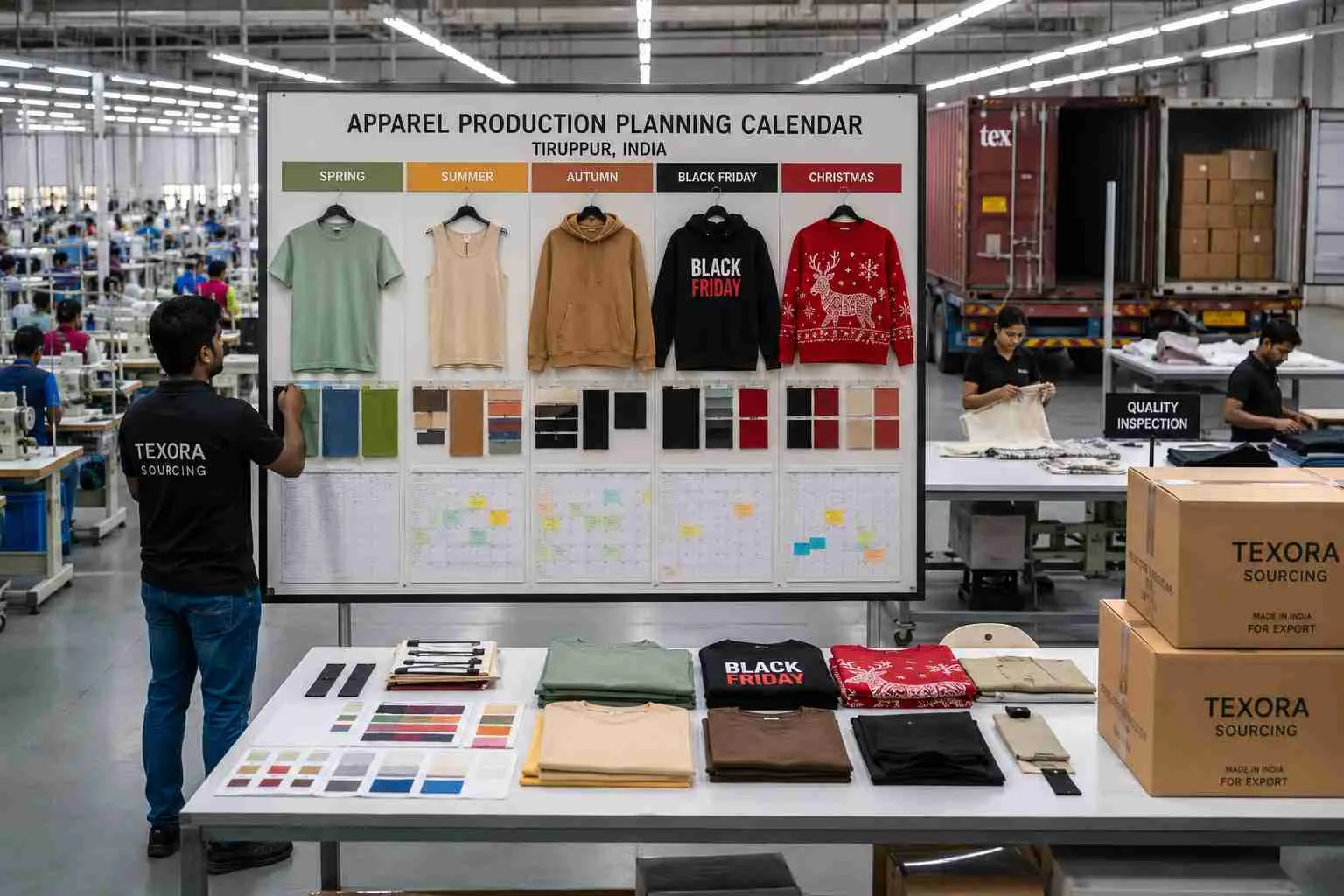 Apparel production calendar showing garment manufacturing planning from sampling to export shipment.