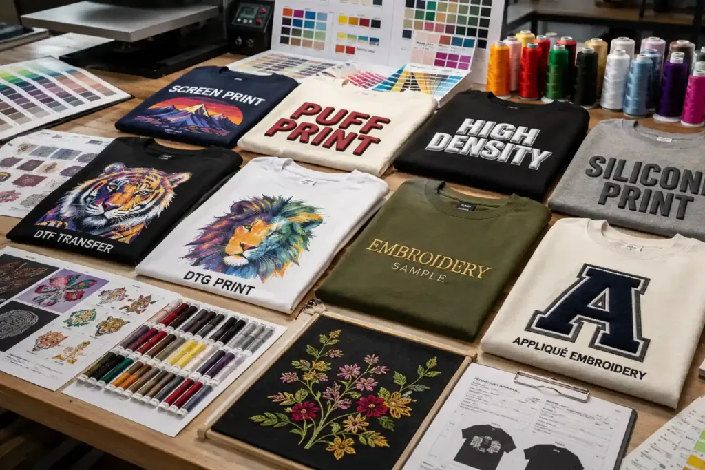 Garment decoration samples featuring screen printing, embroidery, DTF, DTG and puff printing for private label apparel manufacturing.
