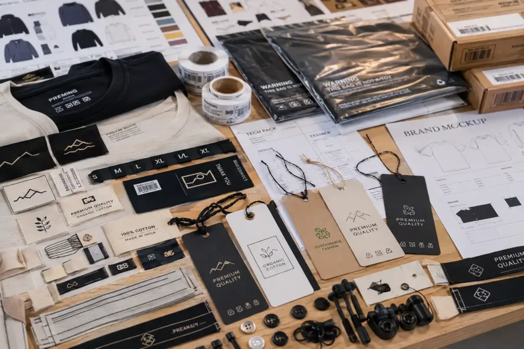 Custom private label branding accessories including woven labels, hang tags, packaging and branded trims for apparel manufacturing.
