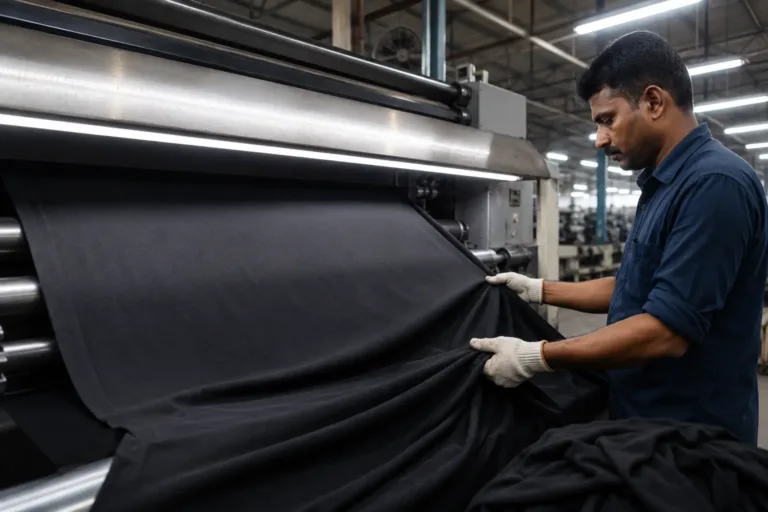 Bio washed and silicone washed cotton fabric inspection in a garment finishing factory.