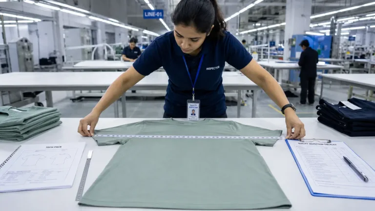 Quality inspector measuring a T-shirt on a flat table to check garment measurement tolerance during apparel quality inspection.