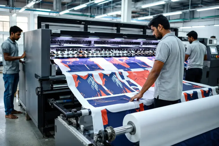 How sublimation printing works inside a garment factory using roll-to-roll heat transfer on polyester fabric