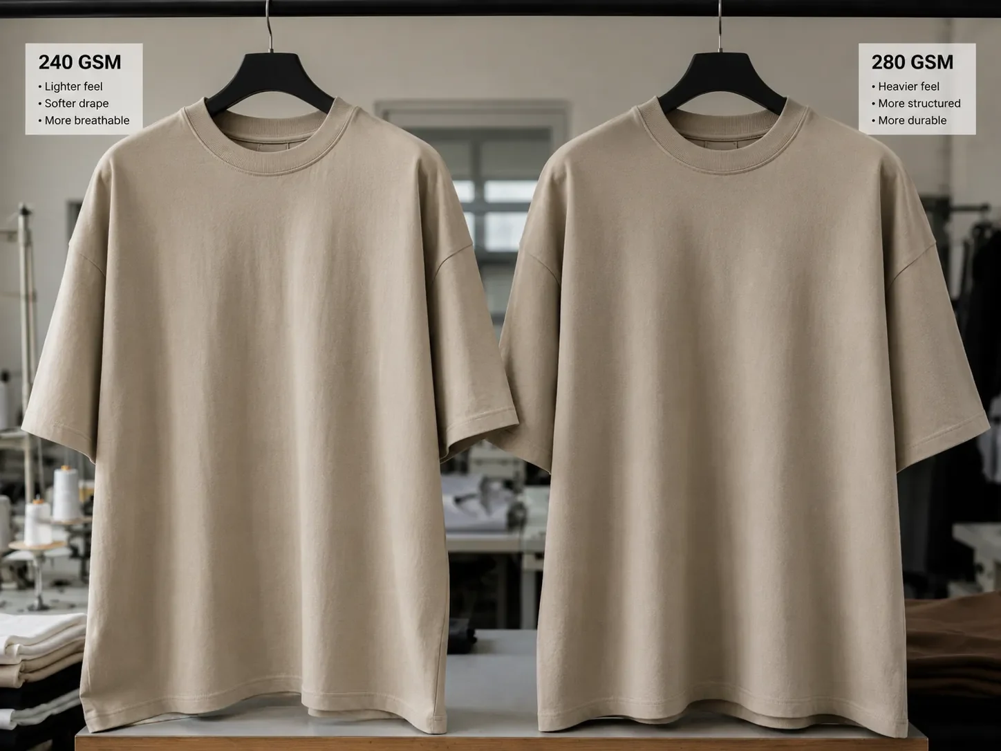 Comparison of 240 GSM and 280 GSM oversized t-shirt fabrics for premium clothing brands