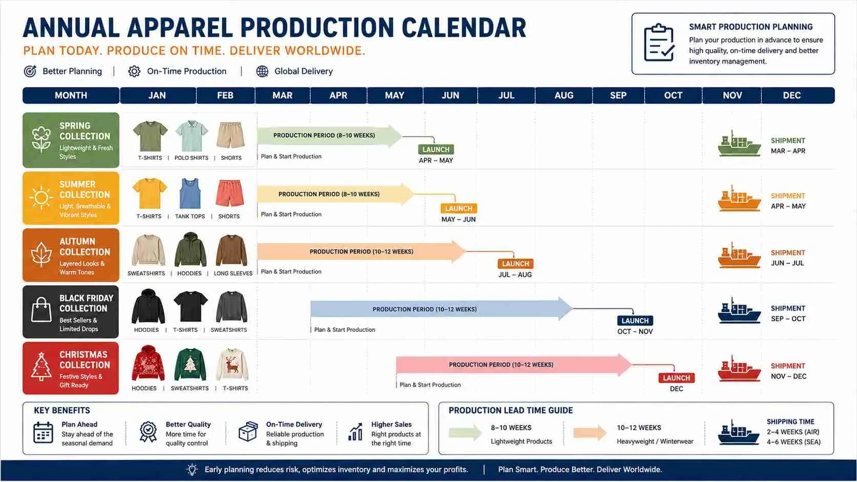 Annual clothing production calendar showing the ideal manufacturing schedule for seasonal apparel collections.