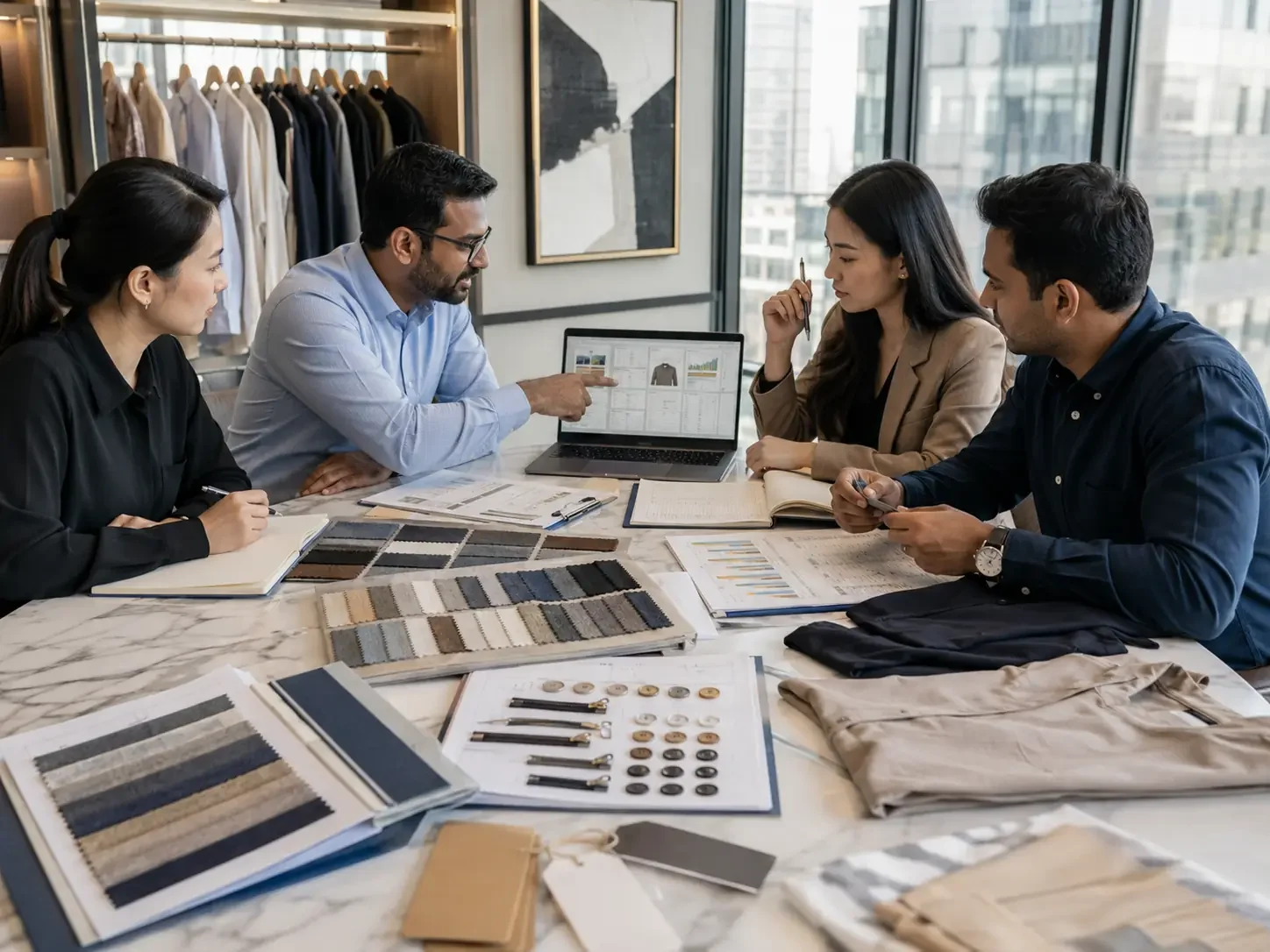 Buying office team reviewing garment samples fabric swatches and production updates for overseas buyers
