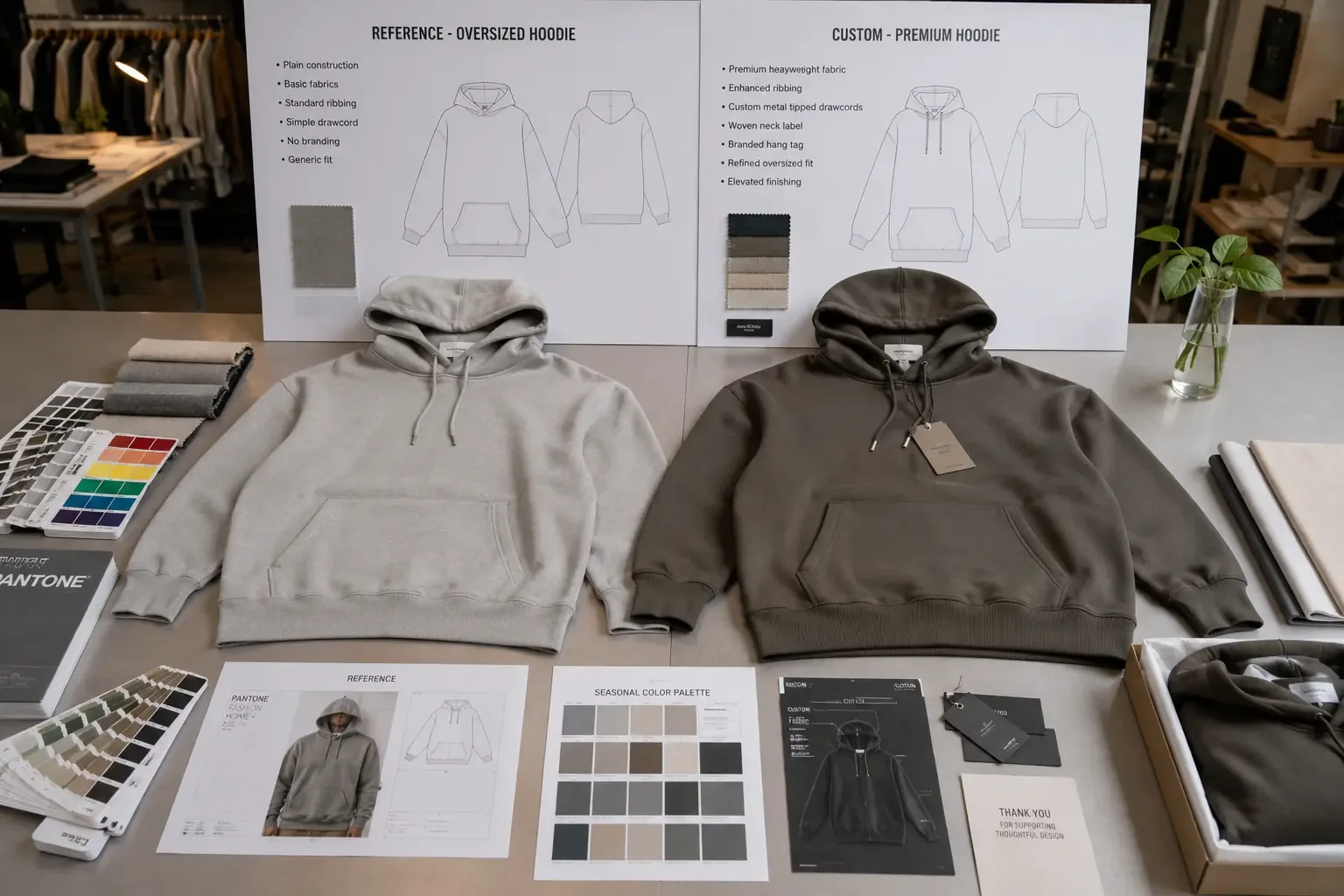 Comparison showing a reference garment beside a customized private label clothing design