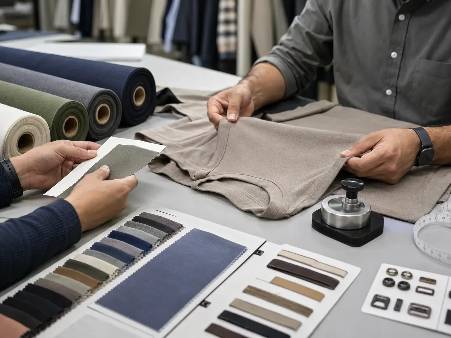 Fabric swatches and garment sample being reviewed before bulk production in India