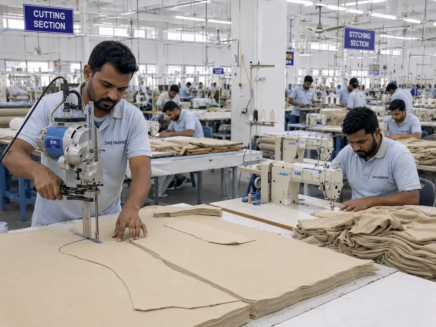 French terry t-shirt cutting and stitching process in apparel factory