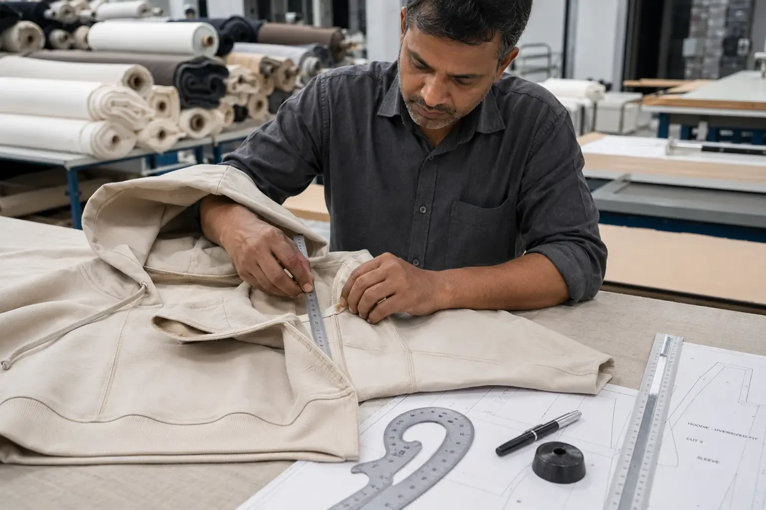 Apparel technician measuring fabric, stitching, and garment construction from a physical clothing sample