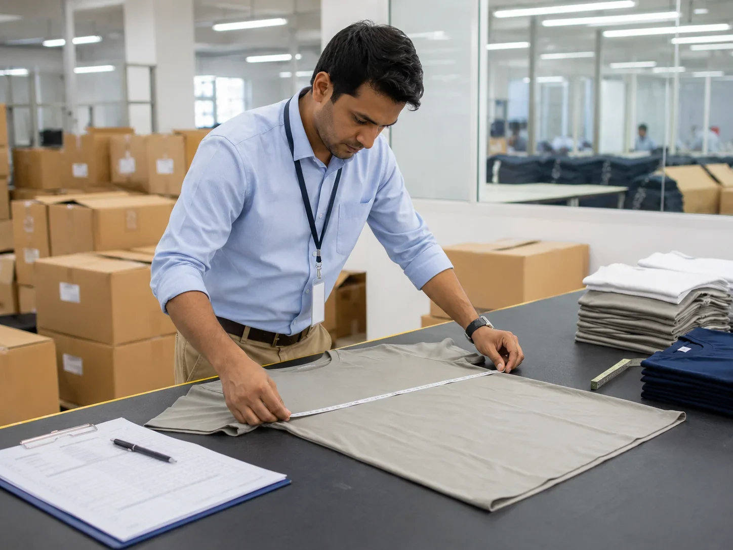 Local quality inspector checking garment measurements before shipment from India