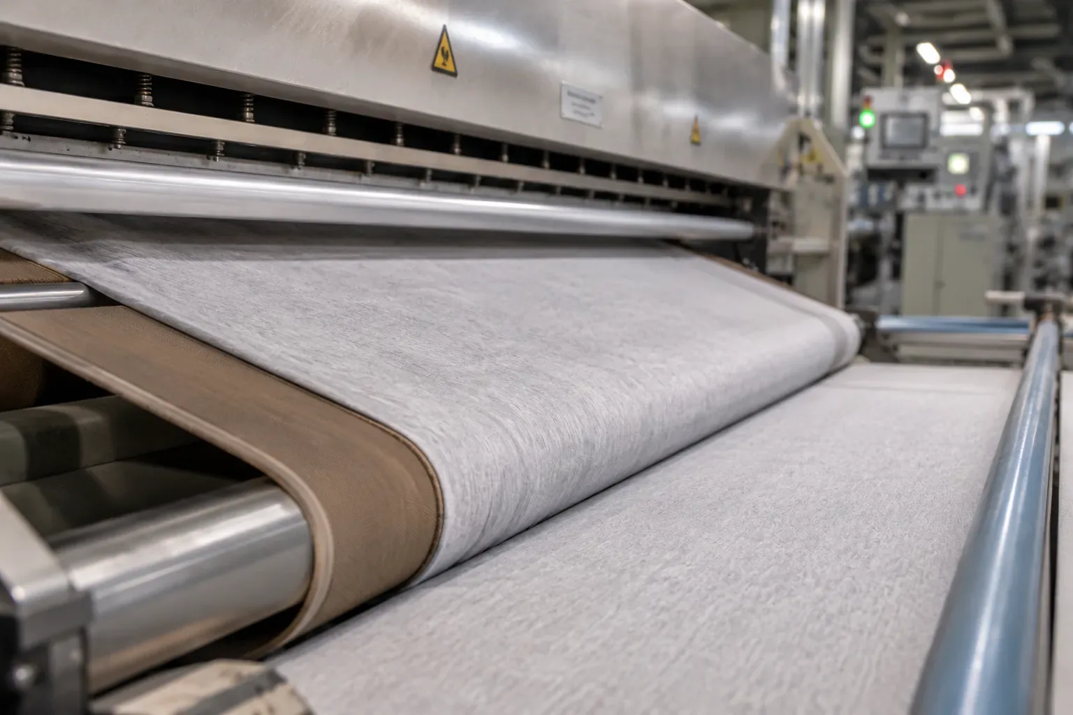Close-up view of knitted fabric being mechanically compacted during the textile finishing process.