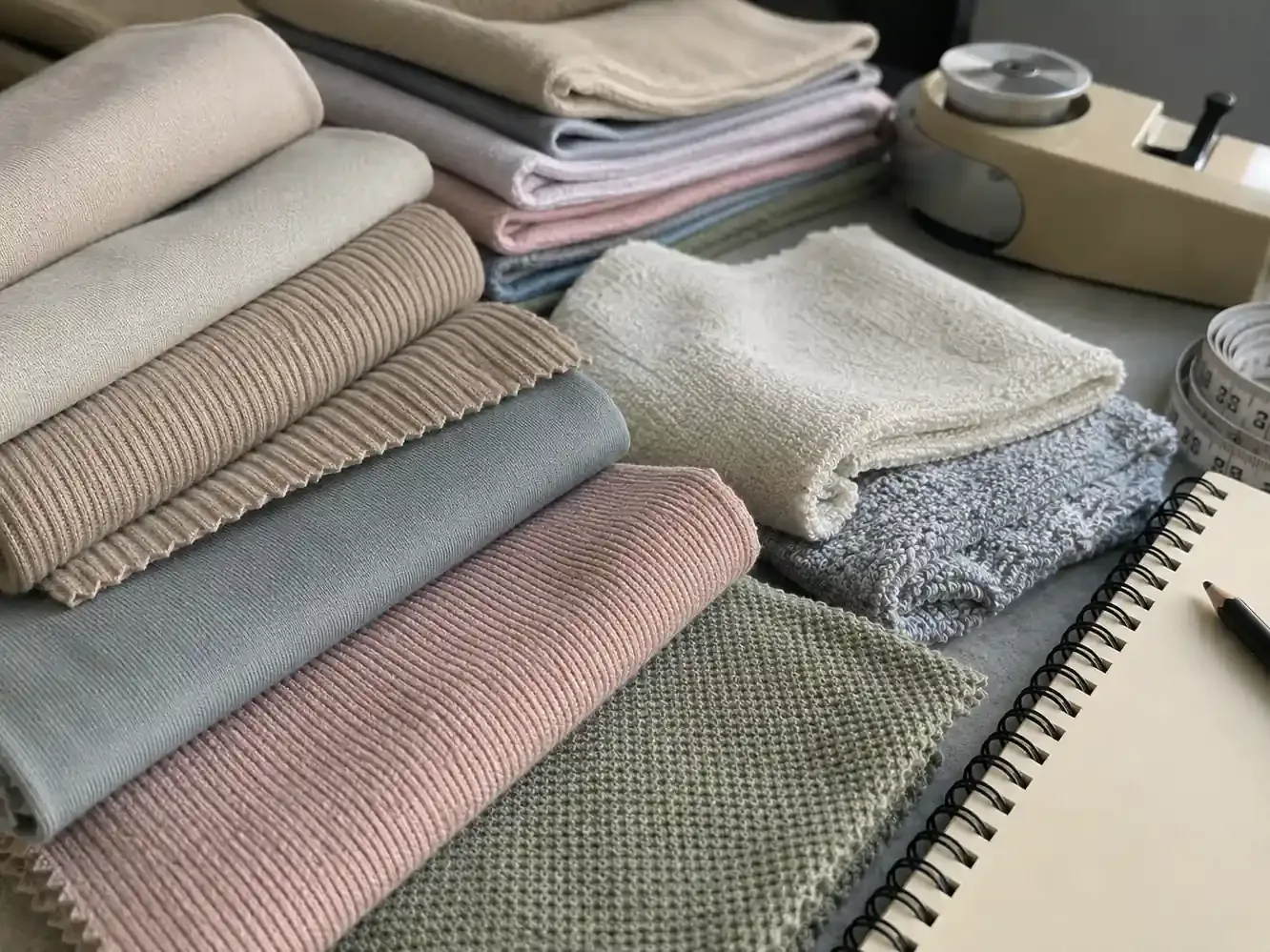 Knitted fabric selection with single jersey rib interlock fleece French terry and pique fabrics