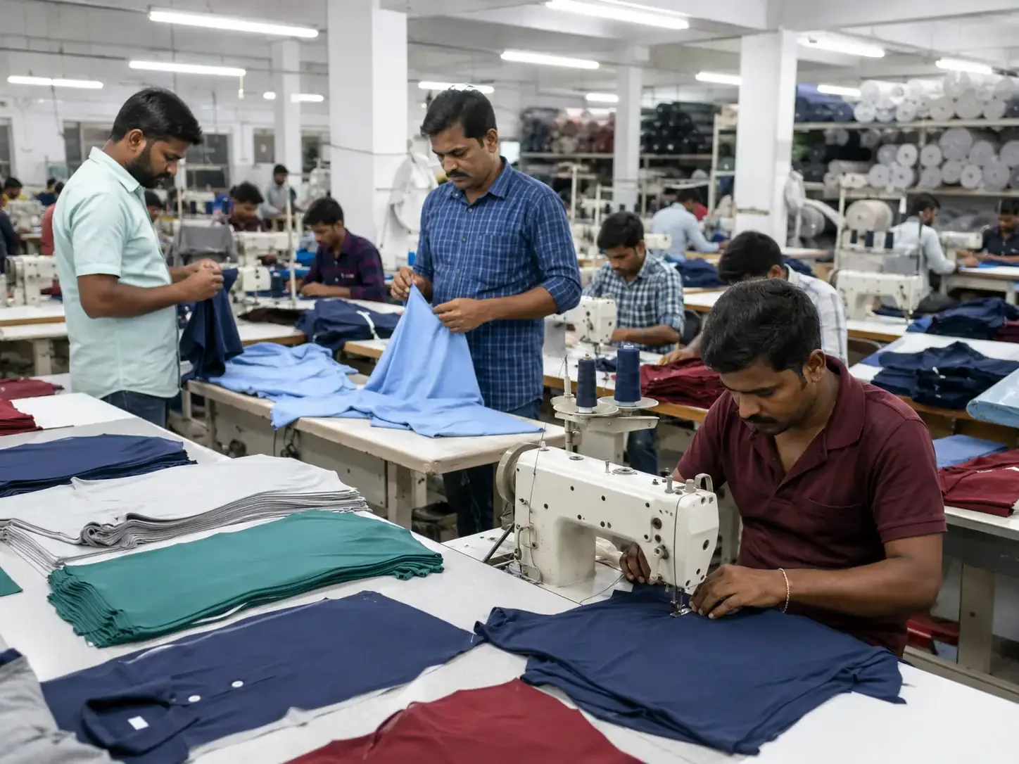 Knitted garment production in Tirupur showing T-shirts polo shirts and fabric panels