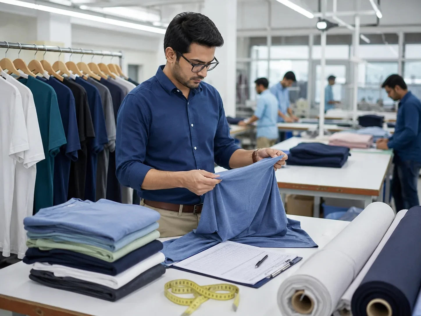 Local sourcing representative checking garment production and samples for overseas apparel buyers