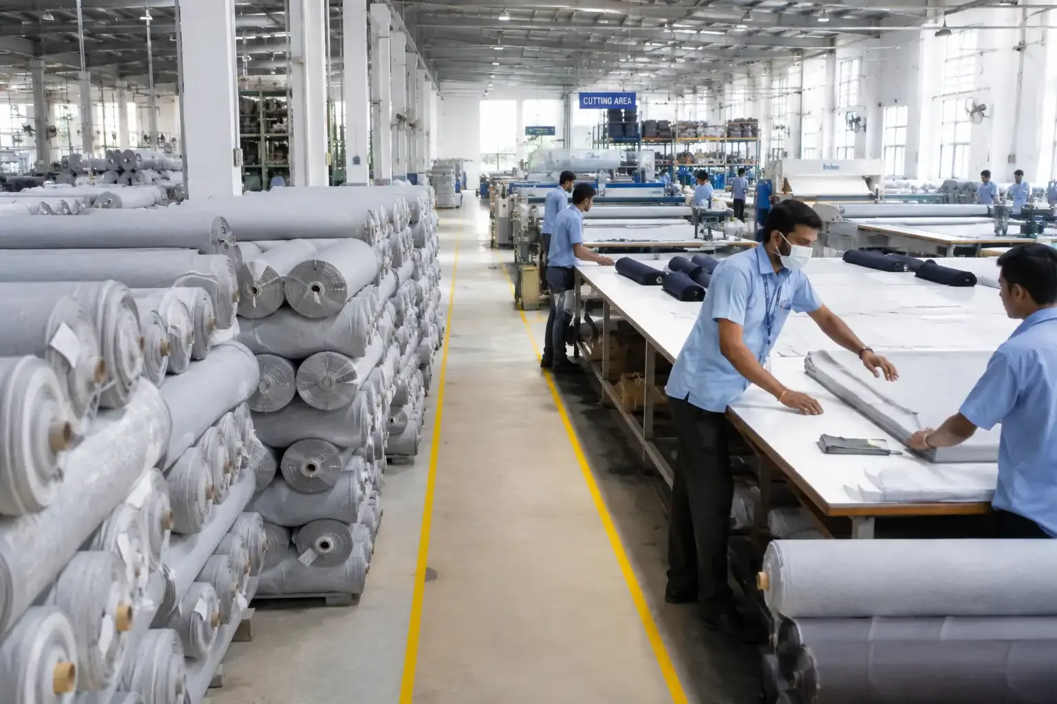 Compacted knitted fabric prepared for garment cutting inside a premium apparel manufacturing facility.