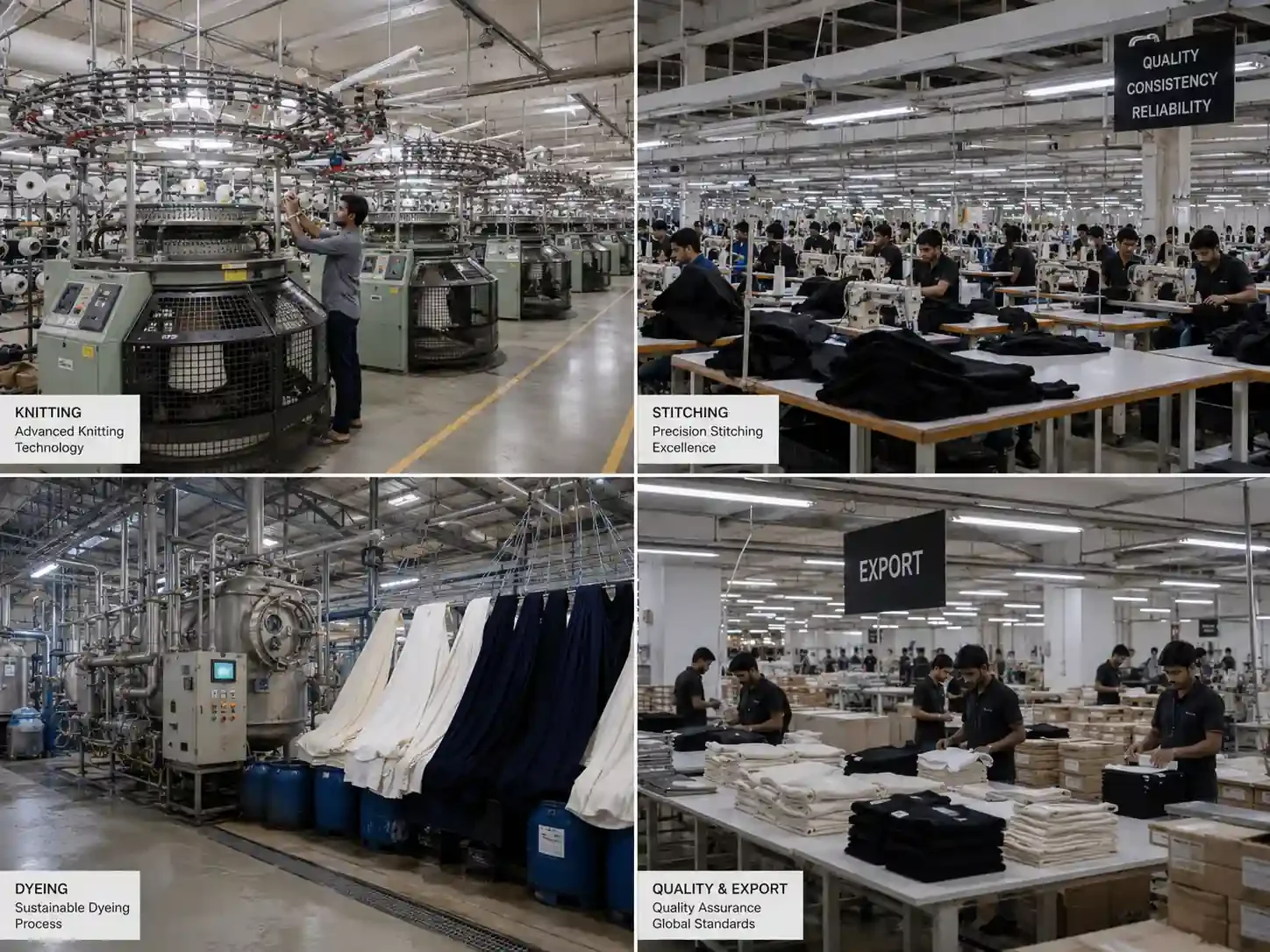 Tiruppur knitwear manufacturing ecosystem with knitting, dyeing and garment production facilities