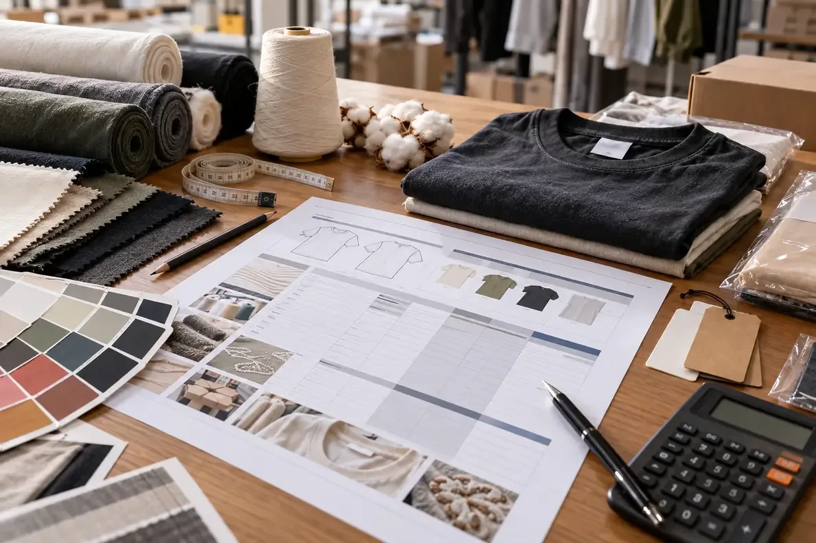 Garment costing and clothing manufacturer quotation with fabric swatches and production specifications