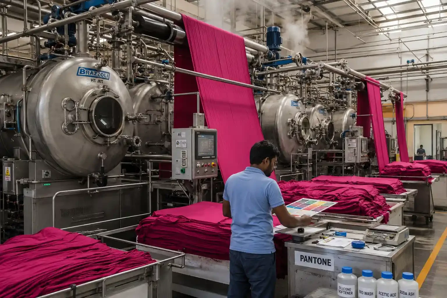 Cotton fabric dyeing and compacting process for T-shirt manufacturing