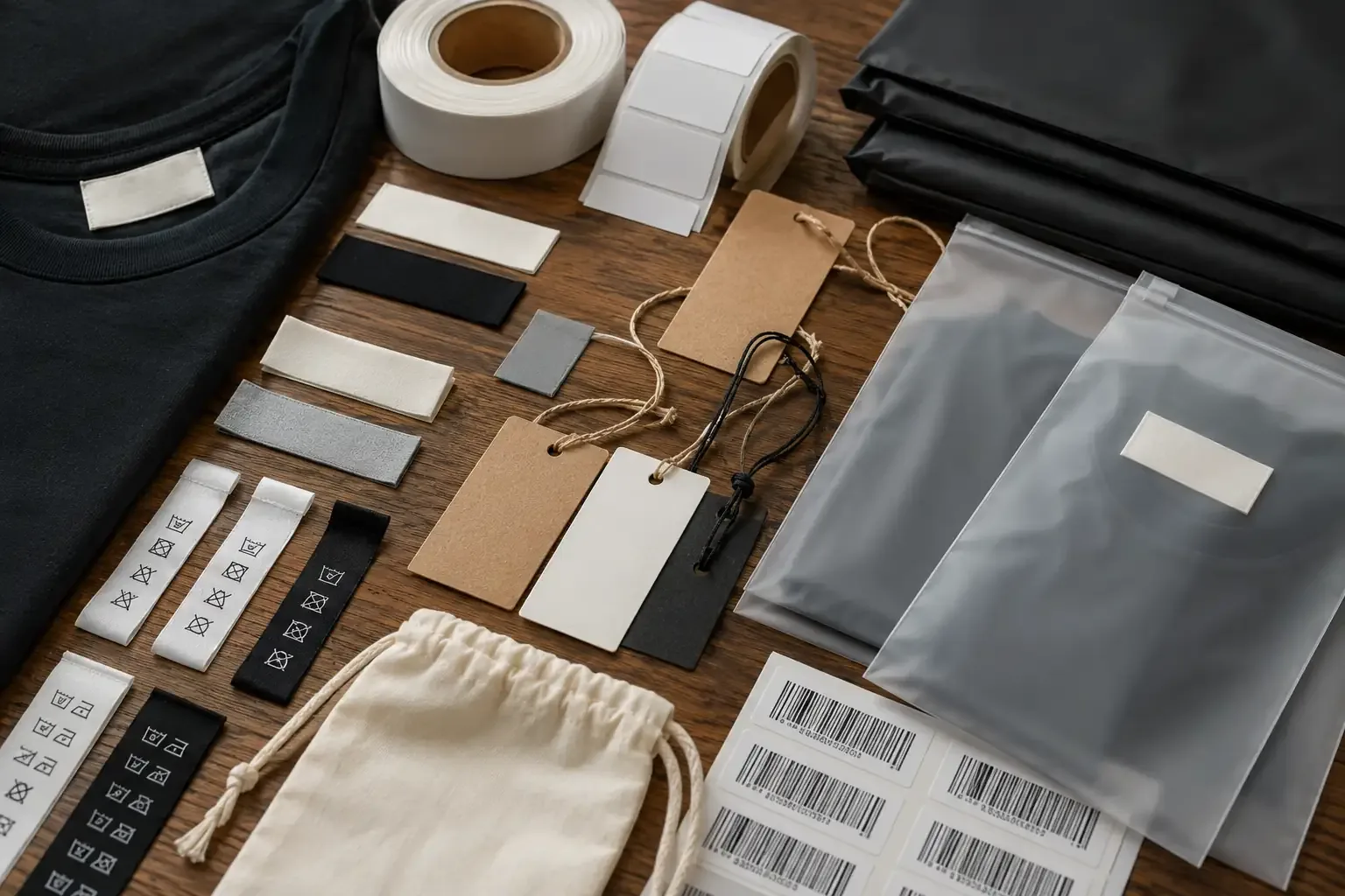 Custom woven labels, hang tags and matte polybags for clothing brands