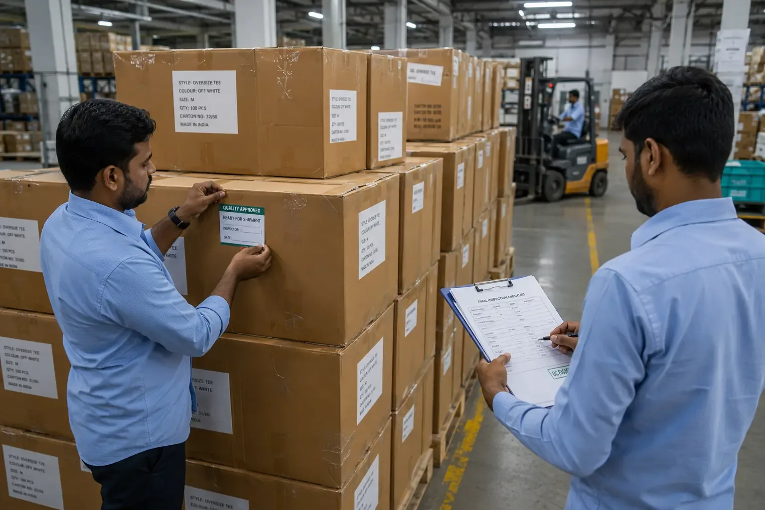 Packed export garment cartons approved after successful AQL inspection and ready for international shipment.