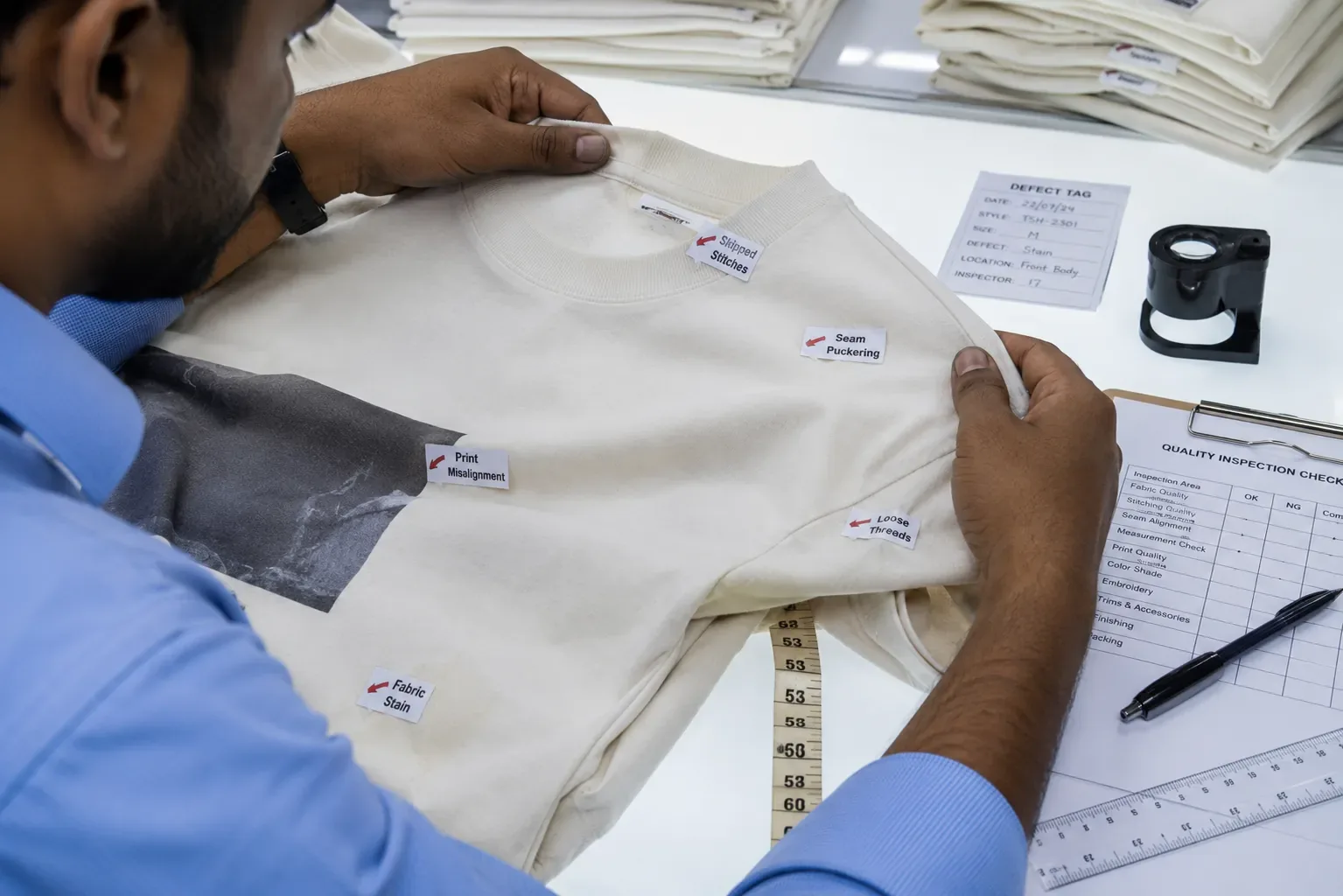 Inspector randomly selecting garments from export cartons during AQL sampling inspection in a garment factory.