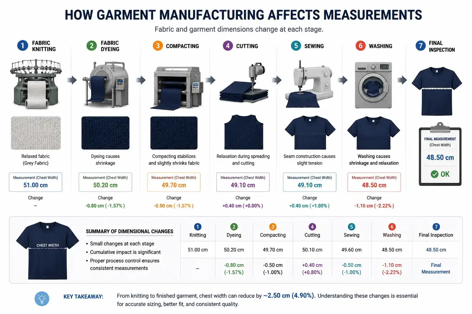 Illustration showing how knitting, dyeing, compacting, cutting, sewing, washing, and finishing can affect garment measurements during manufacturing.