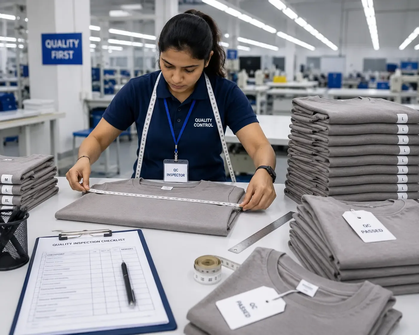 Garment quality control inspector measuring finished T-shirts and verifying size tolerance before final packing and shipment.