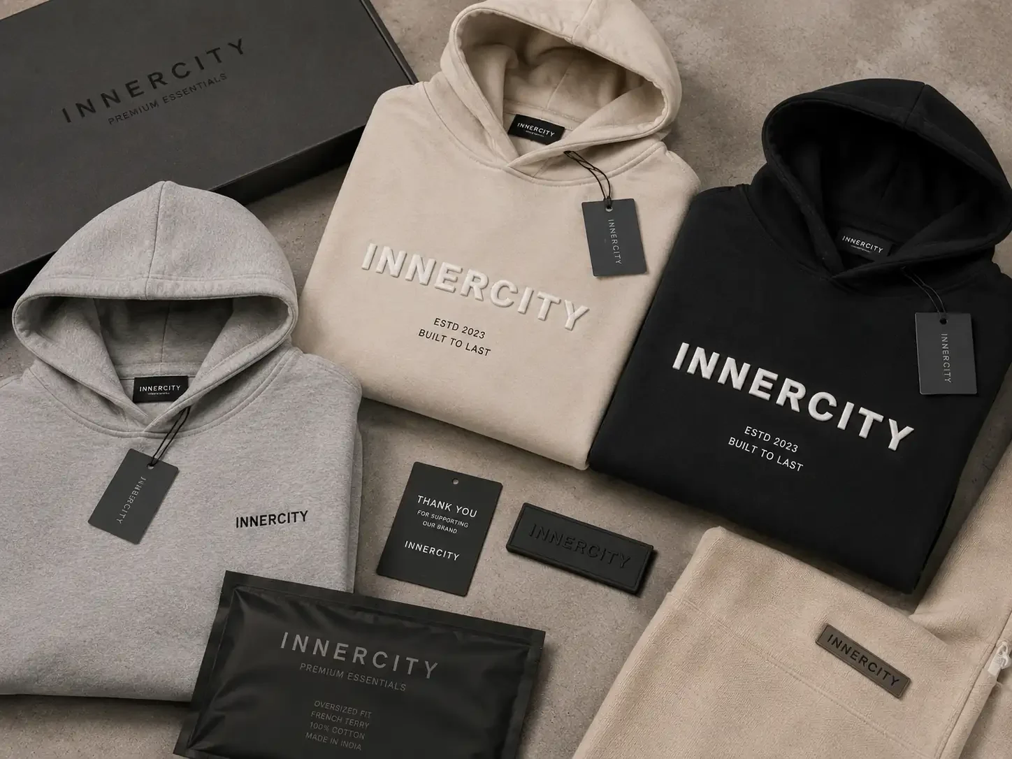 Custom private label oversized hoodies with puff print branding, woven labels, and premium apparel packaging. Image 4 — French Terry Fabric Close-Up Alt Text Close-up texture of heavyweight French Terry cotton fabric used for premium oversized hoodie manufacturing.