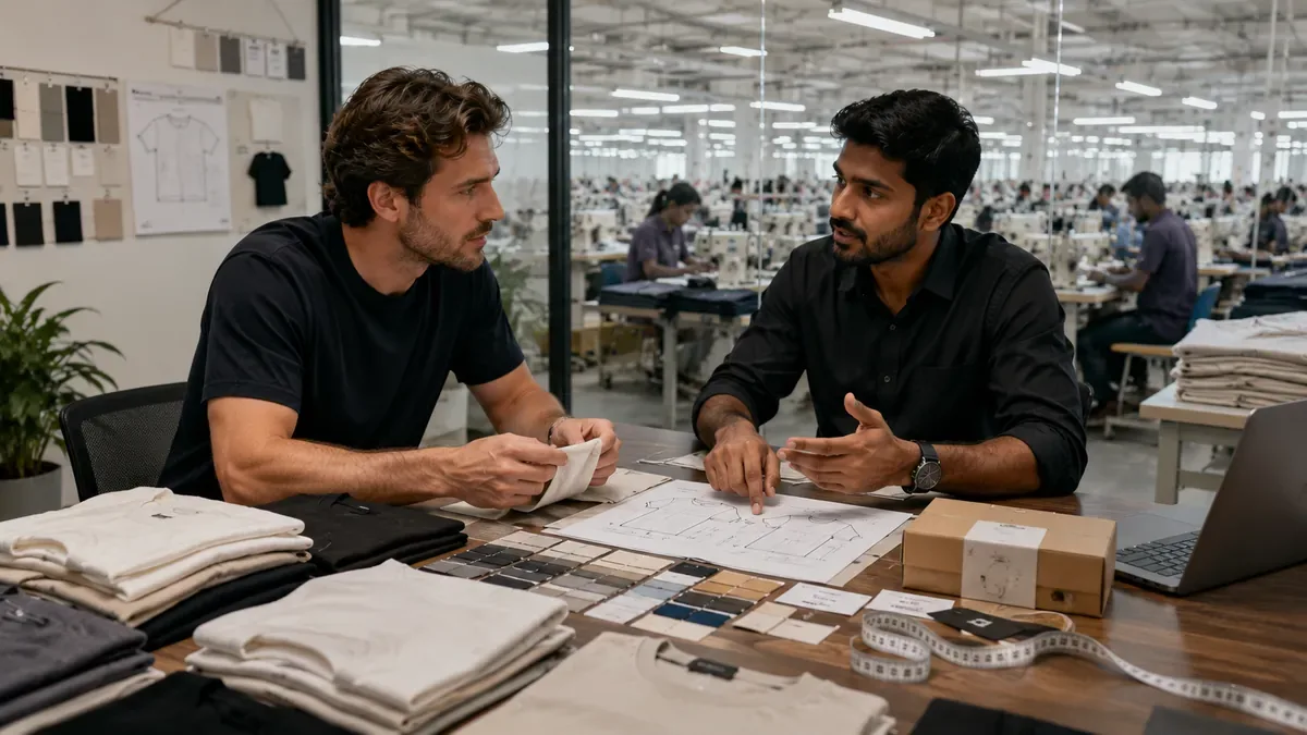 International apparel buyer discussing T-shirt manufacturing with Indian supplier