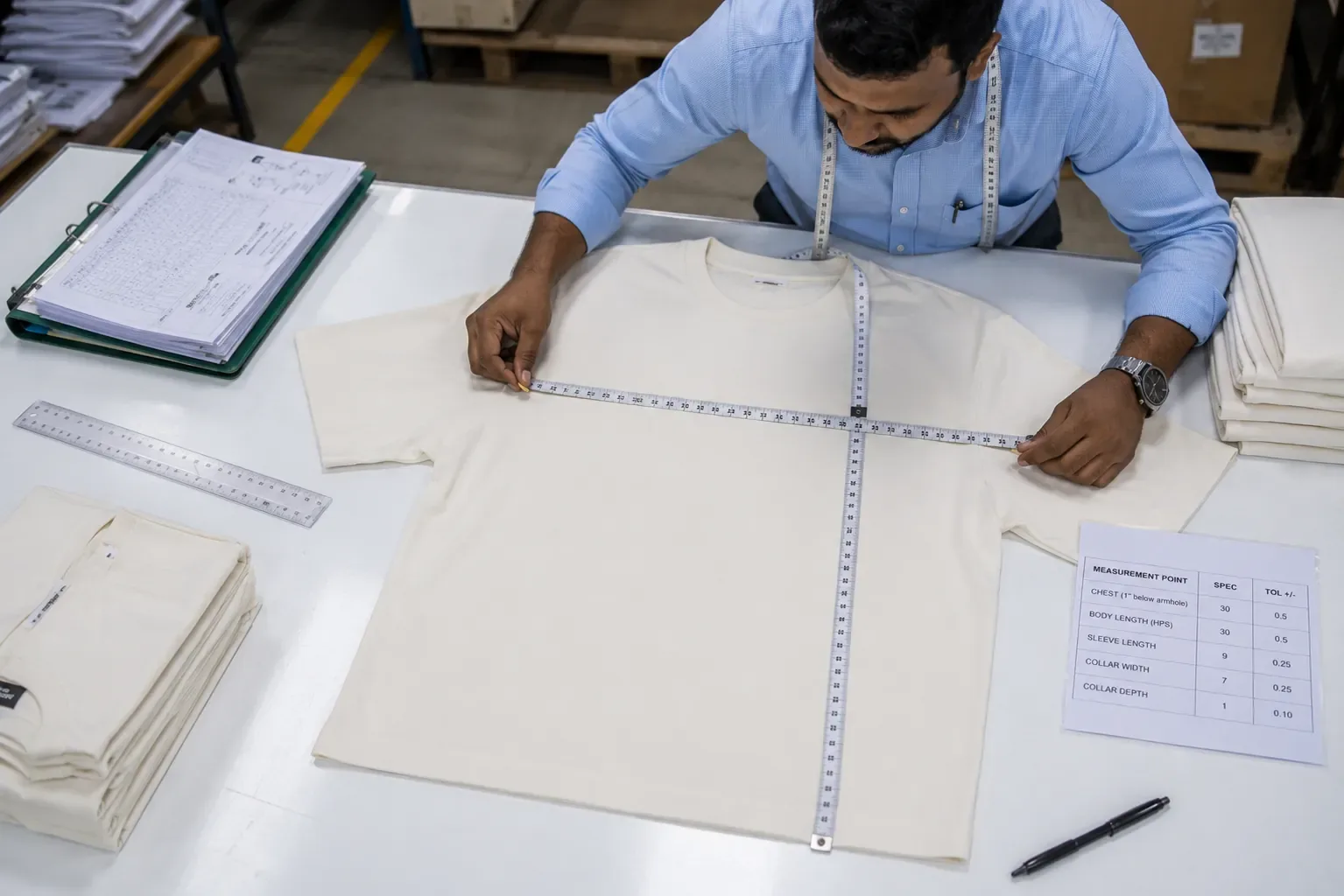 Garment quality inspector checking stitching, print alignment, fabric defects, and workmanship during AQL inspection.