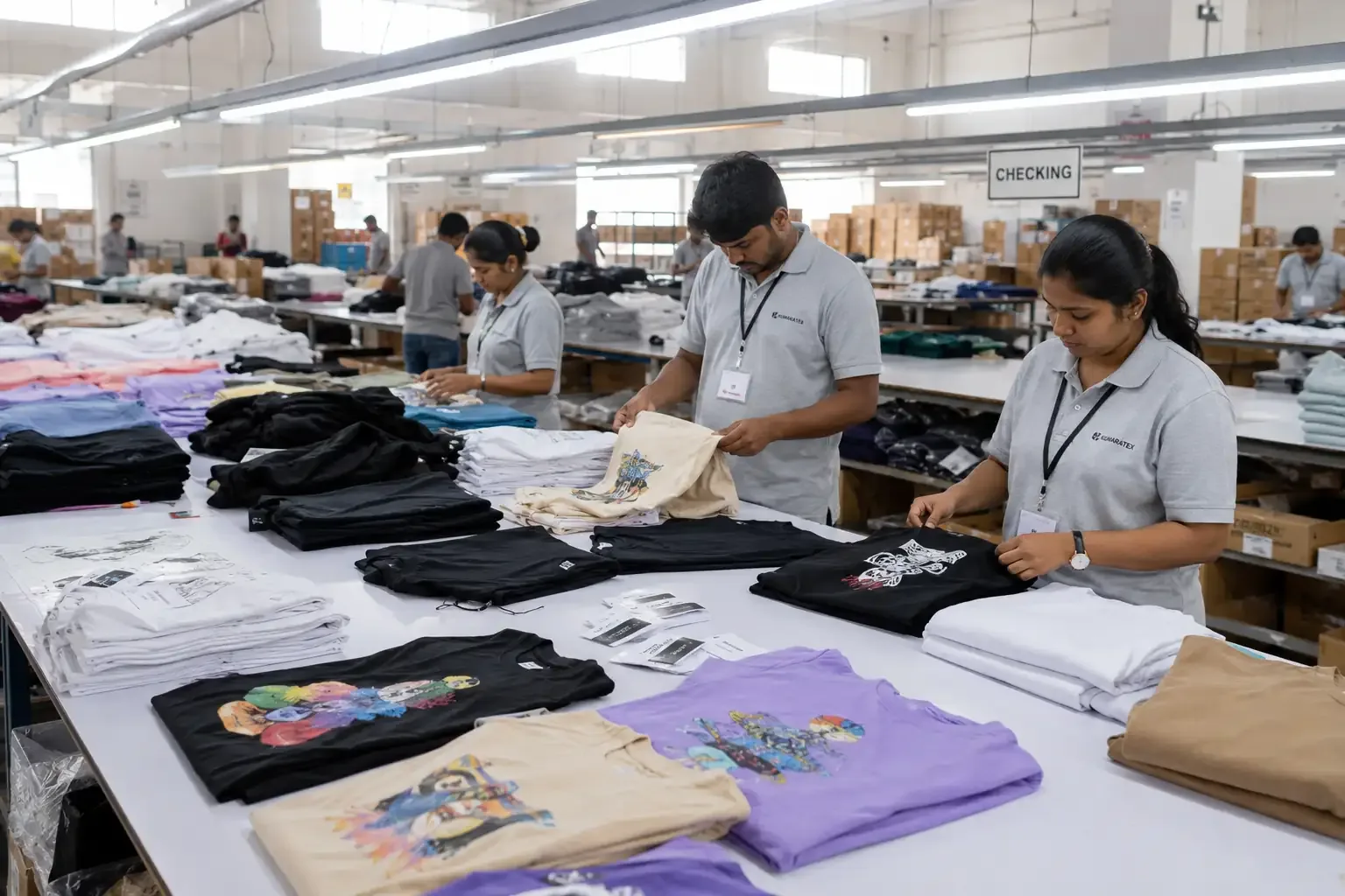 Quality inspection of custom printed garments at an apparel manufacturing facility
