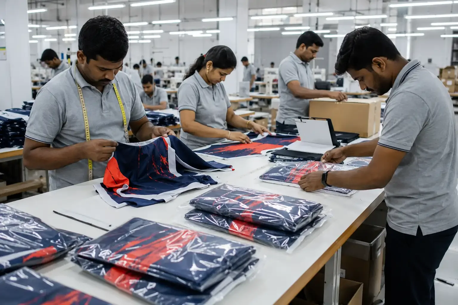 Quality inspection and export packing of sublimation sportswear in a garment factory