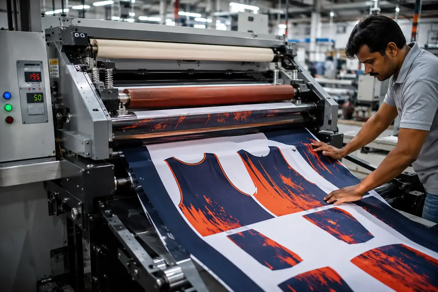 Calendar heat press machine used for sublimation heat transfer on polyester sportswear fabric