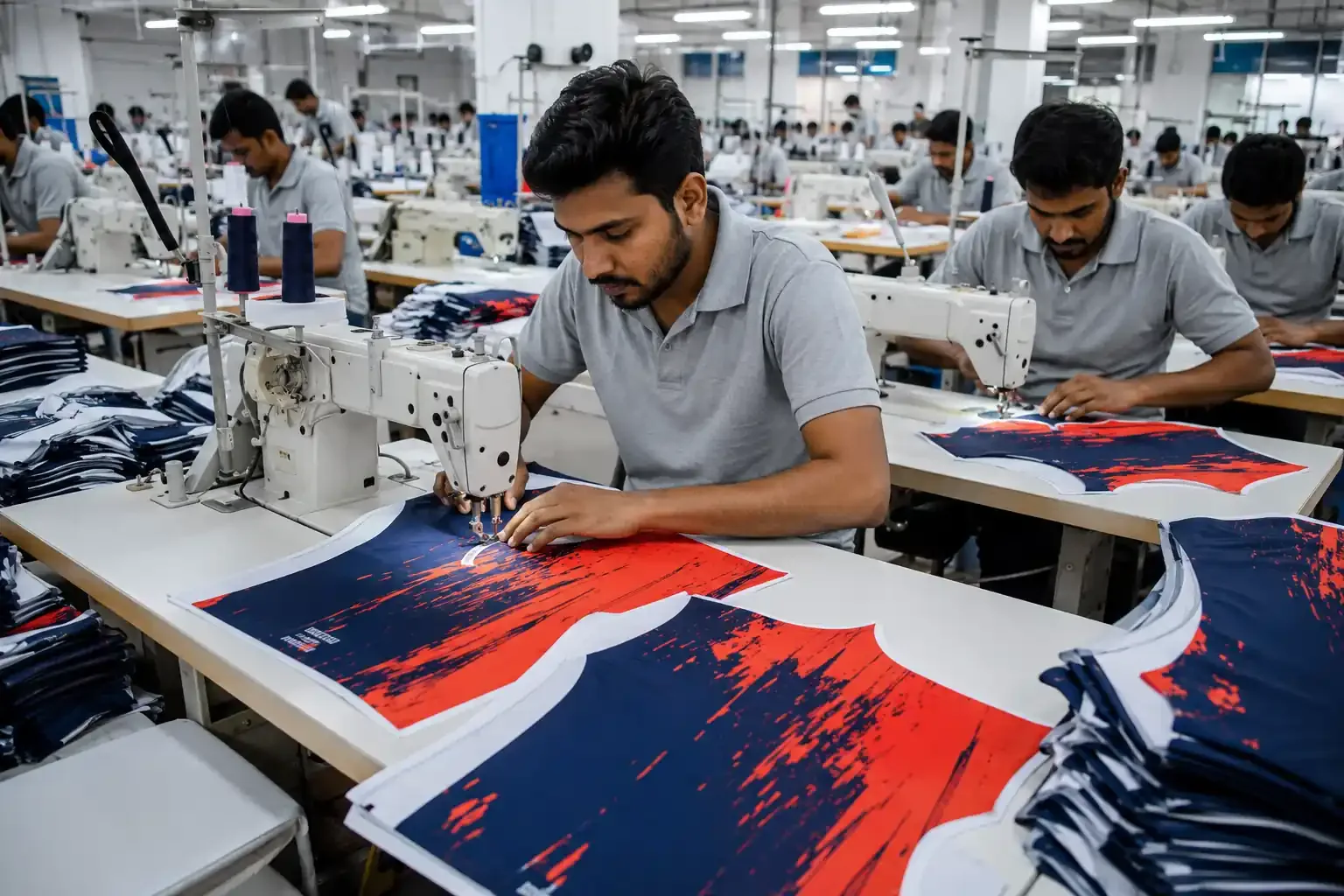 Garment workers stitching sublimation printed sportswear panels inside a garment factory