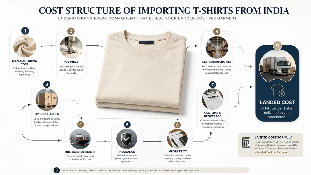 T-shirt import cost breakdown showing FOB freight customs and landed cost