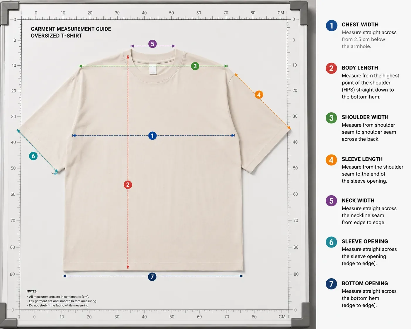 Flat lay diagram of a T-shirt showing chest width, body length, shoulder width, sleeve length, neck width, and other standard garment measurement points.