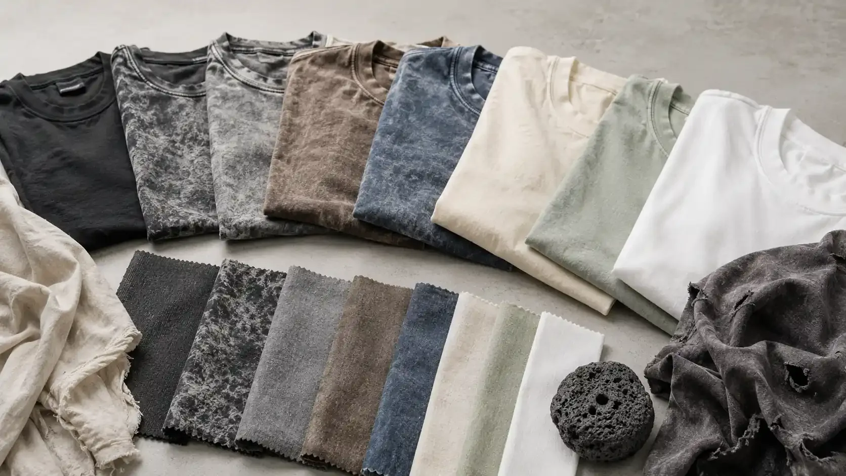 Different garment finishing effects including acid, enzyme, stone and vintage washes