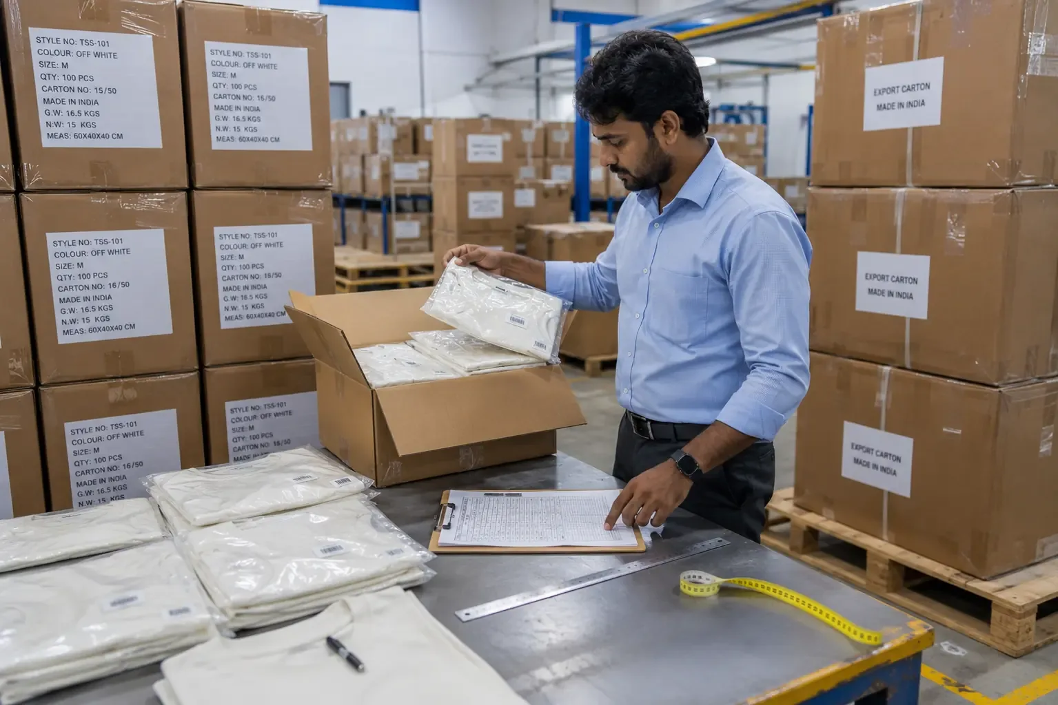 Merchandiser measuring T-shirt dimensions during apparel quality control to verify size specifications and tolerances.